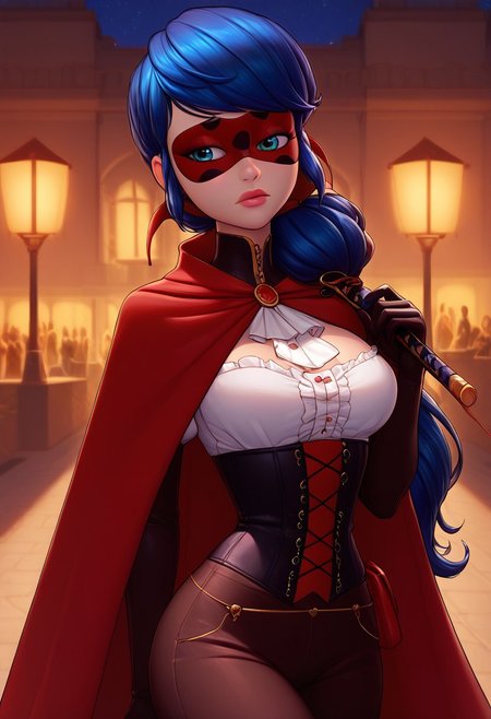 score_9, score_8_up, score_7_up, detailed background, background, volumetric lighting, vibrant colors, Paris, Paris street,
solo girl, 
imtdldybg, 1girl, beautiful girl, perfect face, beautiful eyes, beautiful face, very thin, wide hips, beautiful big breasts, perfect hands, four fingers, one thumb, perfect face, girl sad expression, 
blue hair, swept bangs, very long hair, ponytail, girl high ponytail, 
white skin girl, black domino mask, mask,
black gloves, gloves up to the elbows, gloves wide at the base, knitting needles in hair, girl holding a sword, very long sword, sewing needle shaped sword, sword without guard, brown leather pants, large seams on pants side, white blouse, long sleeve blouse, blouse with collar, black corset, corset over blouse, musketeer cape, musketeer cape on the side, black musketeer cape, large seam on cape,  large seam on blouse,  large seam on gloves, large seam on corset,
holding sword-over-shoulder, weapon over shoulder
easynegative, negative_hand, Expressiveh, good_hands,