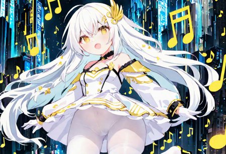 Best quality, masterpiece, sci-fi extremely dark abyss city, music notes, one singer girl with round pert breasts, majestic walk, hands gesturing, adorable pure white long loose hair, simple hairpin, adorable smooth happy face, singing, open mouth, bright yellow eyes, detailed kawaii makeup, beautiful white dress with long sleeves and gloves, slim waist, very short miniskirt, white tights, thick clavicle, thick pelvis, thick hips, thick thighs, heels