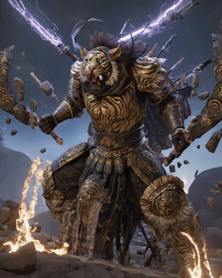 starscourgexl full armor tiger,surrounded by floating electricity rocks,holding a greatsword,scenery in the background,awardwinning,masterpiece,((realistic)),128k UHD,octane render,sharp focus,trending on artstation,raw photograpy, <lora:Starscourgexl-step00000357:0.9>,((no humans))