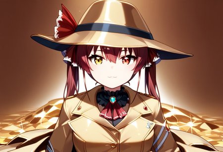 score_9, score_8_up, score_7_up, super aesthetic, rating:safe, rating:general, DeaverStyle, 1girl, solo, aua, red eyes, yellow eyes, heterochromia,  gold clothing, gold hat, fully-clothed, gloves, big coat, illustration, gold, cute, shiny skin, vivid colors, treasure room, gold treasure,