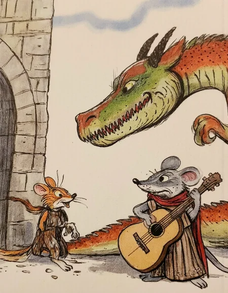 <lora:suteev:1>, <lora:chzcat:0.4>, This image is a detailed digital drawing in a whimsical, cartoon style. The scene depicts a medieval fantasy setting, featuring a large, majestic dragon and two anthropomorphic characters. The dragon is a fierce, red-and-green creature with large, sharp teeth, a long snout, and menacing eyes. It stands tall, with a muscular, scaly body, and is positioned slightly to the left of the image, occupying most of the background., 
In the foreground, to the right, stands a gray mouse dressed in medieval attire, complete with a red scarf and a brown, leather-like tunic. The mouse is holding an acoustic guitar, strumming it with one paw while the other rests on its hip. The mouse has a friendly, confident expression, and its eyes are wide and expressive., 
In the center of the image, a small, orange and white cat dressed in medieval armor stands on two legs, looking up at the dragon with a curious, slightly fearful expression. The cat is wearing a brown, metal breastplate and a red sash around its waist. It has a small, pointed sword at its side., 
The background features a stone archway with a clear blue sky and fluffy clouds above, suggesting an outdoor location. The overall mood is light-hearted and humorous