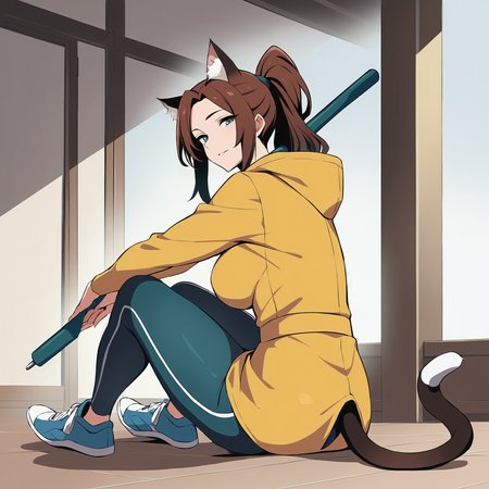 masterpiece, best quality, <lora:age_slider_v4:4>,detailed_background,indoors,cat ears,holding umbrella,highres,animal ears,sitting,ponytail,tail,hat,solo,long hair,shorts,shoes,yellow raincoat,cat girl,umbrella,brown hair,looking at viewer,ty z15,1girl,cat tail,full body,knees up,sneakers,holding,blue eyes,rain