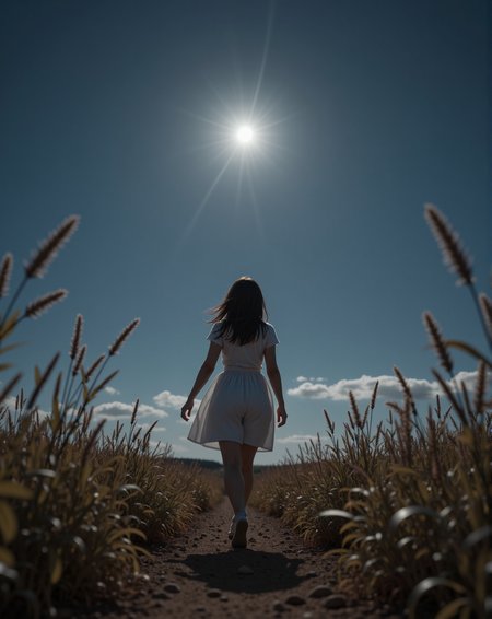 Upper body photo. (female gray Girl humanoid alien moving through a field towards the camera. Midnight. Moonlight.:1.2). UFO in the sky above. Milky Way galaxy. Alien Invasion. Photorealistic, Natural atmospheric lighting, intricate details, 35mm photograph, film, professional, 4k visuals, highly detailed, elegant, studio quality. <lora:Woomy_1:1>