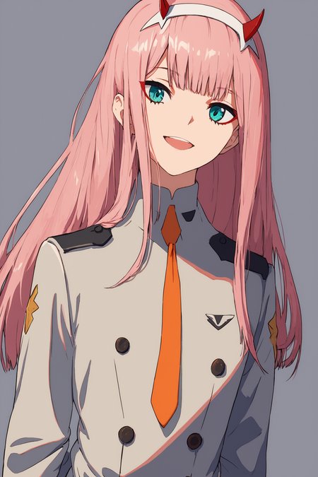 1girl,zero two (darling in the franxx),long hair,solo,pink hair,horns,uniform,hairband,smile,looking at viewer,necktie,aqua eyes,white hairband,military uniform,open mouth,bangs,orange necktie,military,arm behind back,long sleeves,score_8_up,<lora:ç¦è¶_XL_PONY:0.8>,
