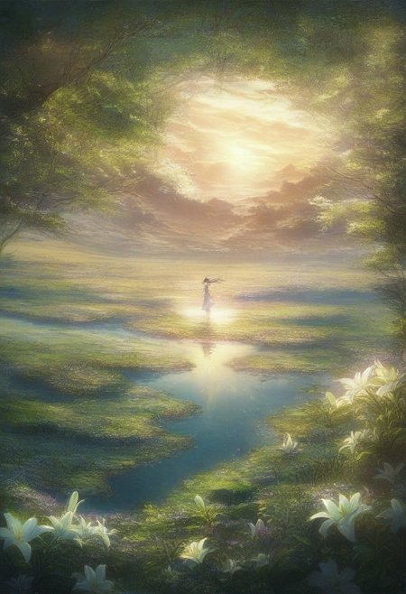 detailed background, from above,( Calm spring  landscape), amongst lush greenery, beautiful view, Flower Field, lily flower in full bloom, lily flower, early morning, sunrise sky, beautiful clouds, dappled beautiful, Tranquil Lake, Walkway, petals dancing in the wind, depth of field, masterpiece, best quality, ultra-detailed, very aesthetic, illustration, perfect composition, intricate details, absurdres, moody lighting, wisps of light, no humans,