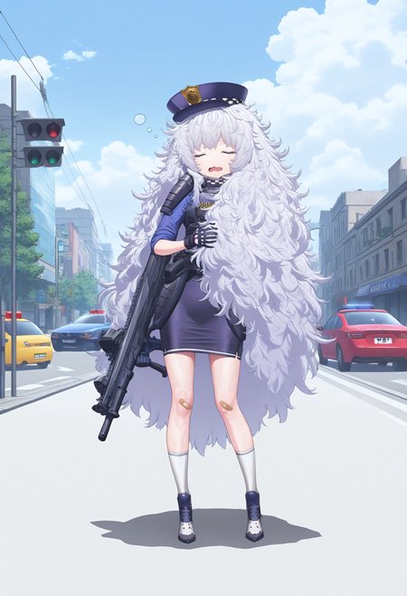best hands, <lora:mn_poli_IL1.4:0.9>
mn_poli, official art, 1girl, white very long Messy Hair, Sleepy face, wavy open mouth, pencil skirt, Hugging hair, black gloves, white socks, bandaid on knee, assault rifle slung over shoulder, Footwear, Policeman's hat
BREAK outdoors, street, Intersection, traffic lights, cars, day, cloudy sky, shadow,
