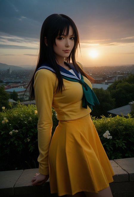 score_9, score_8_up, score_7_up, score_6_up, 
photo, 2000s nostalgia, cinematic, AdrianoStyle, pawg, pawg1, flowers background, god rays, (1girl, wakoto,black hair,long hair,brown eyes, lips, school uniform, serafuku, white shirt, long sleeves, blue sailor collar, blue long skirt, green neckerchief, large breasts),
upper body, face focus, dynamic angle,cinematic angle,dutch angle,looking at viewer,standing split, leg up,rooftop,fence,sunset,, masterpiece,best quality, very aesthetic, absurdres, ultra detailed, high resolution, 4k, extremely detailed CG,Expressiveh