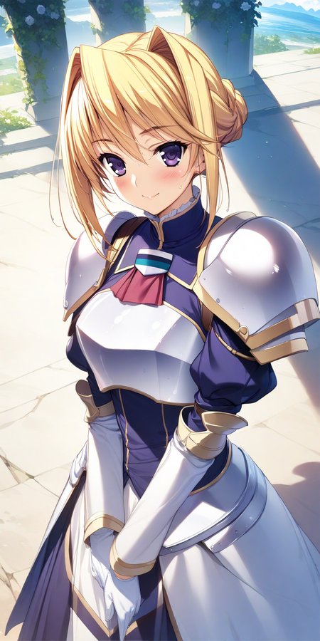 1girl, solo. sylvia_van_hossen, large breasts, blonde hair, purple eyes, hair bun, armor, gloves, sunbeam, blush, shoulder armor, pauldrons, white gloves, light rays, sunlight, wet, hair intakes, outdoors, sky, smile, single hair bun, day, cowboy shot, smile, <lora:XL-SylviavanHossen:1>, (masterpiece),(best quality),(ultra-detailed),(best illustration),(best shadow),(absurdres),(detailed background),(very aesthetic),
