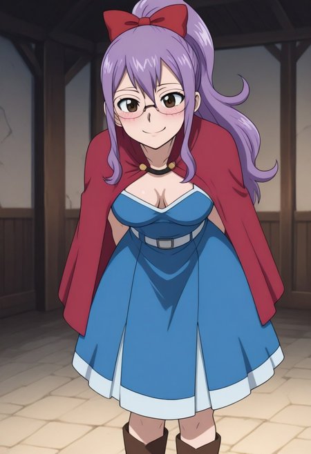 score_9, score_8_up, score_7_up,score_6_up, (best quality, absurd res, ultra detailed), (4 finger:0.5), masterpiece,,official style, source_anime,anime screencap, anime coloring,show accurate, intricate details,,1girl, ((solo)), zPDXLxxx , zPDXL3, OverallDetail, detailed face, 2d, <lora:HD Horizon v1_0:0.5>,hd,4k,<lora:anime_screencap_v2:0.3>,<lora:drundr:1.1>
 <lora:Laki Olietta - Fairty Tail:1> laki, purple hair, long hair, ponytail, brown eyes, glasses, breasts, cleavage, hair bow, red bow, blue dress, red cape, brown boots,
<lora:downblouse-illustriousxl-lora-nochekaiser:1>, downblouse, breasts apart, extended downblouse,, camisole, smile, blush,
(fantasy, blurry background, indoors, guild hall, very aesthetic, )