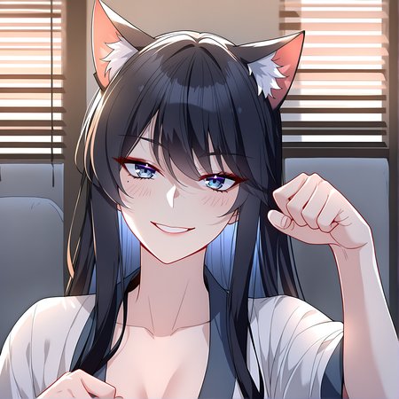 masterpiece,best quality,newest,absurdres,highres,safe,<lora:noobai_ep11_stabilizer_v0.138_fp16:1>,1girl,black hair,wei_nan,<lora:wei6:1>,wei_nan,portrait,detailed eyes,seductive_smile,paw pose,cat ears,