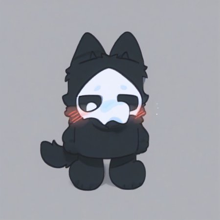 score_9, score_8_up, puro, black latex, furry, changed, white eyes, white mask, black fur, 1boy, solo, conswayo_, cute style, cute, 2d, simple background, (blush)