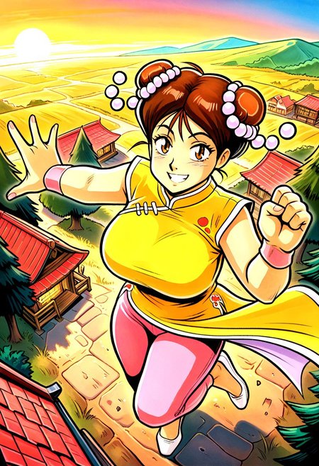masterpiece, best quality, amazing quality, very aesthetic, absurdres, newest, larffl3, 1girl, tall, large breasts, double bun, hair pearls, short brown hair, yellow china dress, single pink wristband, brown eyes, pink pants, (white footwear, heel-less:1.3), looking at viewer, cheerful, excited, open mouth, grin, wide eyed, outside, village, view from above,