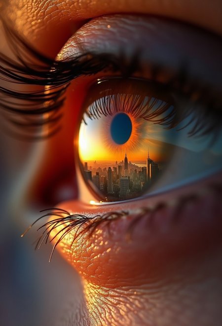 extreme closeup on female eye. eye reflecting sun rising behind city skyline.