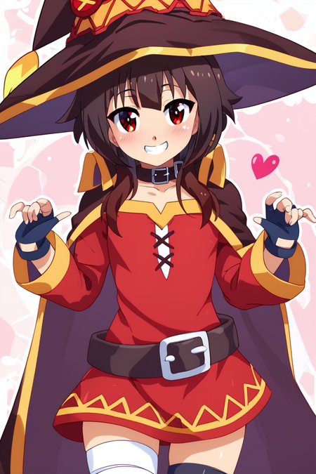 score_9, score_8_up, score_8, medium breasts, (curvy), cute, eyelashes,       BREAK, , BREAK, <lora:konosuba-megumin-s2-ponyxl-lora-nochekaiser:0.7>, megumin, short hair, black hair, red eyes, short hair with long locks, thighhighs, gloves, hat, dress, black gloves, belt, black thighhighs, fingerless gloves, cape, collar, witch hat, bandages, red dress, single thighhigh, asymmetrical legwear, bandaged leg,, <lora:Konpeto_PDXL_v3:1.0>, , BREAK,  smile, looking at viewer, cowboy shot,  embedding:zPDXL, Expressiveh, <lora:SDXLFaeTastic2400:0.5>,  <lora:Expressive_H-000001:0.4>,