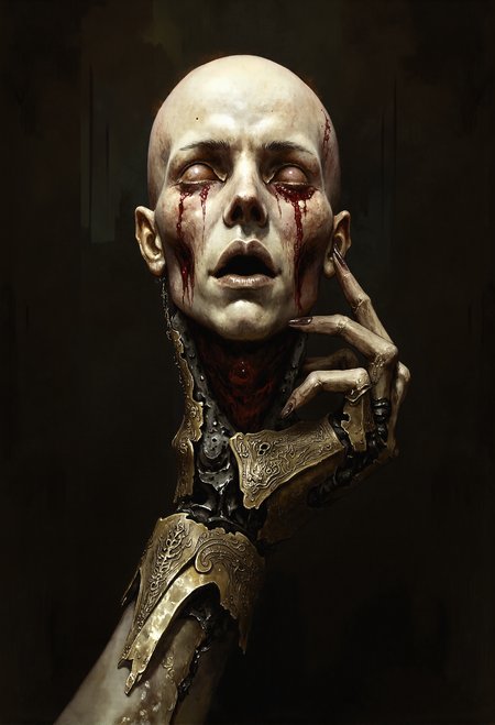 A chilling close-up of a severed human head, held aloft by a polished robotic hand. The head is presented directly to the viewer, its lifeless eyes half-open, with an eerie expression frozen between fear and resignation. The skin is pale and clammy, with faint streaks of blood trailing from the neck onto the metallic fingers gripping it firmly. Fine details are captured with unsettling realismâthe texture of the skin, the strands of hair clinging to the head, and the subtle bruising around the neck.  The robotic hand is sleek and humanoid, crafted from brushed steel with intricate engravings of art nouveau patterns, its precision and elegance contrasting starkly with the grotesque nature of the scene. The background is minimal and shadowed, with a faint, warm glow illuminating the head and casting soft reflections on the metallic hand. The lighting focuses sharply on the head, emphasizing every morbid detail while leaving the rest of the robot and surroundings in ominous obscurity. The composition is both haunting and sophisticated, blending macabre elements with mechanical perfection. <lora:Elden_Ring_-_Yoshitaka_Amano.safetensors:1.0>,  <lora:d4artstyle-000023.safetensors:1.0>,