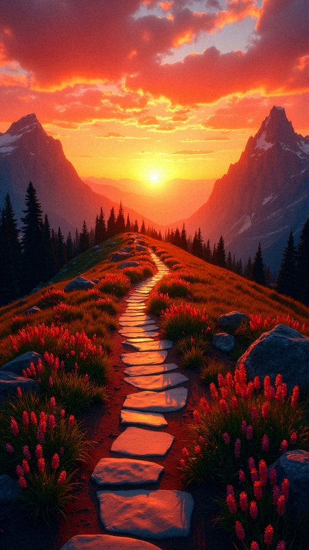 A breathtaking sunrise or sunset with warm, vibrant hues of orange, pink, and purple, illuminating a winding path that disappears into a stunning landscape, symbolizing a bright future and fulfilled desires. The path, lined with lush greenery and blooming wildflowers, stretches towards the horizon, where the sky meets the landscape, evoking a sense of hope and optimism. The clouds are tinted with shades of coral and salmon, adding depth and texture to the scene. In the distance, majestic mountains rise, their rugged peaks still capped with a dusting of snow, while the foreground features a few strategically placed rocks and boulders, guiding the viewer's eye towards the vanishing point. The atmosphere is serene, with a few wispy clouds scattered across the sky, and a subtle warm glow emanating from the core of the sun, casting a golden light on the entire scene.