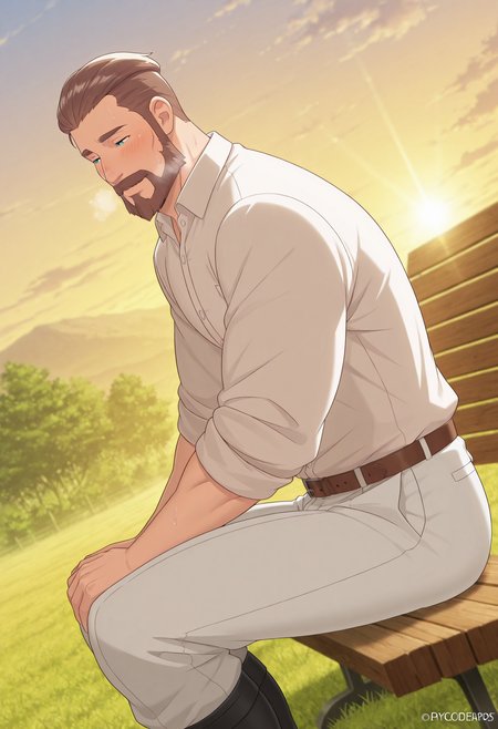 <lora:Leopold_Auvergne_-_from_anime_Bureaucrat_to_Villainess_Dads_Been_Reincarnated:0.9>, safe_pos, solo, masterpiece, detailed, uwa, huge filesize, ultra hd, best quality, male focus, (absurdres, highres), 1boy, official art, bright, LeopoldAuvergne, brown hair, short hair, hair slicked back, forehead, aqua eyes, thick eyebrows, beard, mustache,  adult, mature, white shirt, collared shirt, sleeves pushed up, brown belt, white pants, black boots,
solo, soft smile, blush lines, sitting, hand on legs, blurry outdoor sunset view, bench, from side, dutch angle,