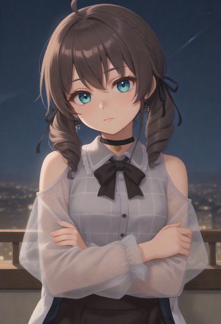 1girl, solo, solo focus, highres, absurdres, MatsuriMineGirl, brown hair, bangs, grey shirt, ahoge, twintails, black ribbon, black choker, hair between eyes, hair ribbon, brown skirt, shoulder cutout, collared shirt, flower earrings, black bowtie, blue eyes, white jacket, see-through sleeves, lace sleeves, plaid shirt, high-waist skirt, puffy short sleeves, medium hair, open jacket, small breasts, long sleeves, drill hair, braid,
looking at viewer, expressionless, closed mouth, head tilt, crossed arms,
indoor, cityscape, neon lights, window, dark, night, night sky, 
light particles, backlighting, shade, light rays, lens flare, shiny skin, fine fabric emphasis,