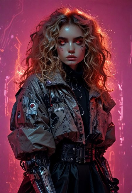 score_7_up, (score_9:1.1), (ugly:0.9),(pretty:1.4),1woman, adult, realistic, realism, hyper realistic, sparkling hair, floaty hair, wavy hair, (soft light coloured hair:1.3), (red iris, glowing iris, neon white pupils:1.3), looking at viewer, big hair, huge afro, zero gravity hair, detailed, perfect, perfection, hands, big scar across face,
BREAK,
((extra_puffy_jacket, black skirt, glossy lips, shiny skin)), full lips, hands behind back, (upper body:1.9),  blocky shape cybernetics, cybernetics, cybernetic skin, raised eyebrow, pale skin, ((snub nose:1.4)), breasts, (prominent abs:1.1), focus upper body,  sweating, 
BREAK,
(neon background, future slums, neon, cybernetic background, mist:1.3),(cybernetic mechanical arm, prosthesis:1.3),