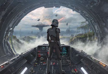 a (solo:1.5) black white lizard with (star wars armor:1.5)  sword on belt  (cockpit instruments view:1.5) inside star-wars style spaceship,  (apocalyptic:1.5) fall fallen stars comets meteors burning planet, (ocean:0.5) (waves:0.5), in the middle of sea,
dawn, heavy rain, wind, windy, typhoon, hurricane, tropical storm, fog, mountain, sky, cloud, deluge, rainforest, 
(anime:1.5) , anime screencap in mnst artstyle, full body character portrait landscape