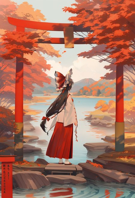 masterpiece, best quality, <lora:reiXL_ANI31_lokr_V4312:0.95> 1girl, hakurei reimu, solo, long hair, bow, torii, hair bow, red bow, outdoors, tree, skirt, red skirt, scenery, japanese clothes, wide sleeves, miko, hair tubes, standing, from behind, long sleeves, water, wide shot, autumn, gohei, very long hair, brown hair, rock, hakama, black hair, holding gohei, white socks, autumn leaves, leaf, red hakama, socks, ponytail, detached sleeves, sky, ribbon-trimmed sleeves, nature, holding, full body, hakama skirt, facing away, ribbon trim, mountain, frilled bow