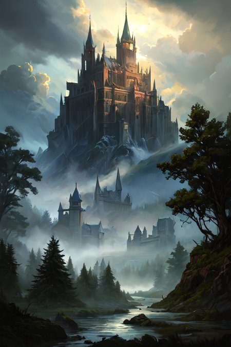hyperrealism oil painting, Phantom apparition of the castle,
very few clouds, and rainbow, and heavy mist,,,
aimi,aimi_\(sky-freedom\),sky-freedom style,by sky-freedom,purple eyes,long hair,black hair,blunt bangs,sidelocks in a hime cut,(mole under mouth:1.2),(surgical mask,mouth mask),
 fantasy forest simulated wildlife sounds,
a dense ancient forest, with towering trees, thick undergrowth, a canopy that filters the sunlight, and a sense of timelessness,
Early morning,
 <lora:more_details:0.3>,
 <lora:EnvyFantasyMix05:0.5>,
 <lora:ghost:0.3> guiguai,
 <lora:FantasyRuins:0.3> FanRu,
 <lora:USNR STYLE_XL_loha:0.3> usnr,