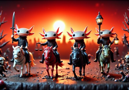 an image shot with significant tilt shift effect of CozySpookyStyle of tiny axolotls, Axolotl Apocalypse Riders: Four axolotls ride across a crimson horizon, each representing a different aspect of the apocalypse. The first axolotl, on a pale horse, holds a scythe and has hollow, skeletal eyes; the second, on a blood-red steed, carries a sword, its gills flaring with rage. The third, mounted on a black horse, clutches a pair of scales, its expression one of grim calculation. The final rider, on a sickly green horse, has decayed flesh and sunken eyes, holding a skull-shaped lantern that casts an eerie glow. The background is filled with cracked earth and burning skies, as the riders bring ruin to all in their path., the axolotls have frilly gills and round black eyes and wear little outfits, In this image, the focus is sharply on a central area, creating a sense of intimacy, while the surrounding elements gently fade into softness. The colors are vivid and inviting, drawing attention to the details in the foreground, while a gradual blur adds a whimsical quality to the background. The overall effect gives the scene a miniature, almost toy-like appearance, as if youâre observing a delicate model world crafted with care. The play of light and shadow enhances the charm, making everything feel both surreal and inviting., axolotl, (CozySpookyStyle:1.2)<lora:CozySpookyStyleFlux.safetensors:1.0:1.0> <lora:Axomodel_Flux_V1.1.safetensors:1:1> <lora:Flux_Detailer2K.safetensors:1:1>