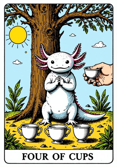 axolotl, a tarot card in the style of ck-tc featuring, A tarot card with the text "Four of Cups," an axolotl sitting under a tree, three cups in front, a hand offering a fourth cup, a contemplative expression.<lora:ck-tarot-000015.safetensors:1.0:1.0> <lora:Axomodel_Flux_V1.1.safetensors:1:1>
