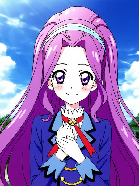 general,highres, ultra-detailed,very aesthetic,best quality ,best hands, BREAK <lora:Kanzaki_Mizuki_aikatsu!_IS:1>
kanzaki_mizuki(aikatsu!), 1girl, solo, purple hair, purple eyes, long hair, ponytail, high ponytail, hairband, very long hair,
smile, looking at viewer, starlight academy school uniform,
 upper body, 
sky, outdoor,