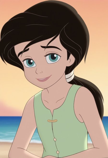 close up,melody,aqua eyes,thick eyebrowns,black hair,ponytail,smile,white hairband,arms down,green undershirt,sleeveless,one sleeve,sea,yellow sunrise beach background