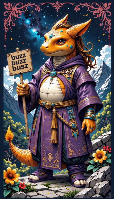 (art by Claire Denis:0.7) and (Guillermo Del Toro:1.2) , professional woodcut drawing of a Dota style, Zen Dreamlike obese Heisei Era (charmander from pokemon series holding sign it say "buzz buzz buzz":1.3) Paladin, she is holding hands with Nikki Reed, she is very curious, dressed in a very Plushy Purple Gaelic Cluny Lace and Tweed Age of Heroes outfit from the 1950's, she has Tradition-bound hair, she has a 1980'S Robotic Legs, Seraphic mountains and Gamma-ray burst in background, Summer, shallow depth of field, Classical, Fae, Lowbrow Art, hair light, pinhole lens, Polychromatic, behance, Zentangle, perfect skin, matte skin, Concept Art World, Pixabay