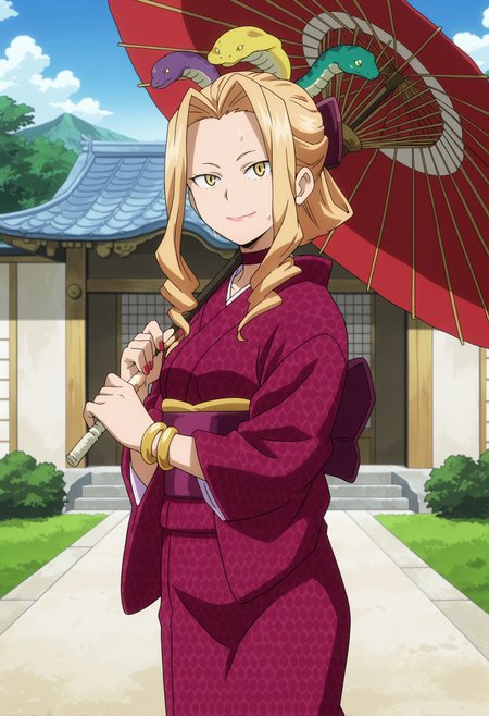 source anime,anime screencap,anime coloring,intricate details,fake screenshot,masterpiece, best quality, very aesthetic, dramatic lighting, illustration,
uncensored,
BREAK,
uwabami, uwabami \(horikoshi kouhei\) , 1girl, yellow eyes, blonde hair, jewelry, bracelet,lipstick,nail polish, long hair,makeup,hair ornament, drill hair, snake hair ornament,snake,choker, 
kimono, japanese clothes, 
sweat, 
perfect face, beautiful eyes, beautiful face,perfect anatomy,
BREAK,
standing, smile, looking at viewer, holding oil-paper umbrella, cowboy shot, 
BREAK,
Detailed Background, scenery, outdoors, east asian architecture, japanese temple,
 <lora:Uwabami_by_Nyx_for_Illu:0.9> <lora:modern_anime_screencap_v1_0:1>