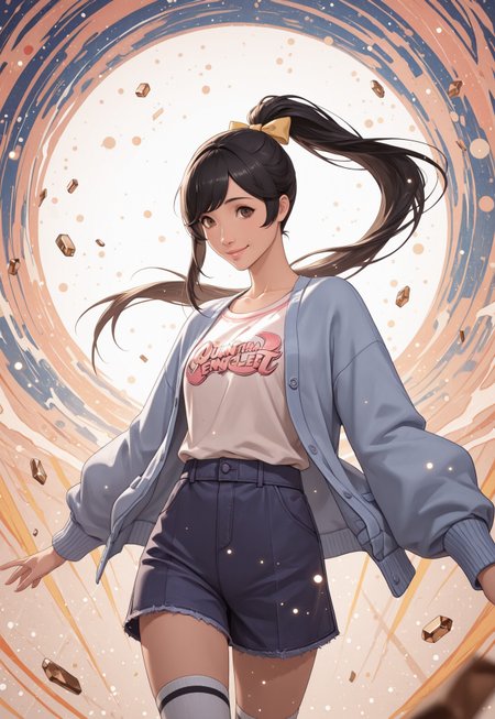 1girl, solo, m1n4mi, black hair, long hair, ponytail, yellow bow, brown eyes, blue cardigan, print tshirt, blue shorts, knee socks, windblown clothes, floating hair, Expressiveh, looking at viewer, head slightly tilted, friendly expression, cute smile, cheek dimples, detailed face, detailed clothes, detailed body, standing, fashion pose,
cowboy shot, subject focus, dynamic angle, abstract background, detailed background, floating fragments, surreal,
front particles, light particles, motion, limited palette, monochromatic colors, color accents, 
masterpiece, 16k, 8k, 4k, high quality, best quality, absurdres, bokeh, depth of field, quantum entanglement,