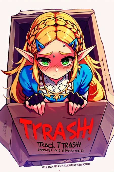 score_9, score_8_up, score_8,   BREAK,  <lora:Trash_Waifu_PDXL:1.0>,  zzTrashWaifu, in trash can,   princess zelda, long hair, crown braid, hairclip, pointy ears, blue shirt, long sleeves, fingerless gloves, black gloves, black pants, tight pants, green eyes, sad, blush,  simple background, hair ornament, white background, hair between eyes, sweat,  shaded face, box, @_@,  cardboard box, gloom (expression), in box, red text, the word trash,  (text focus, the word trash:1),  BREAK,  embedding:zPDXL, Expressiveh,  <lora:CatalystStylePDXL:0.6>,  <lora:SDXLFaeTastic2400:0.5>,  <lora:Expressive_H-000001:0.4>,