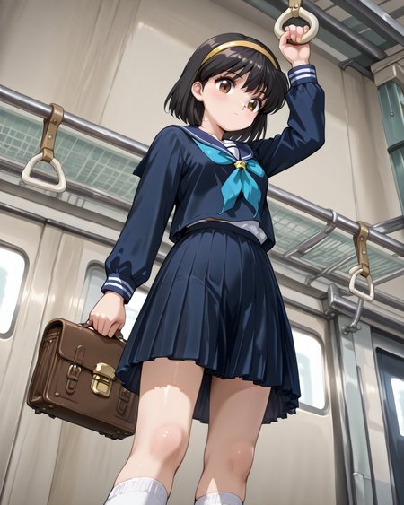 1girl, solo
<lora:ä¸­å³¶ä¸æºå­:1>  koryuu densetsu villgust, michiko nakajima, school uniform, serafuku, hairband, Black hair , brown eyes, skirt, blue skirt, bag, white socks, 1outfit
<lora:Age-V2:-3> 
<lora:Holding_Hand_Grip_v3:1> holding hand grip,
(from below:0.5)
