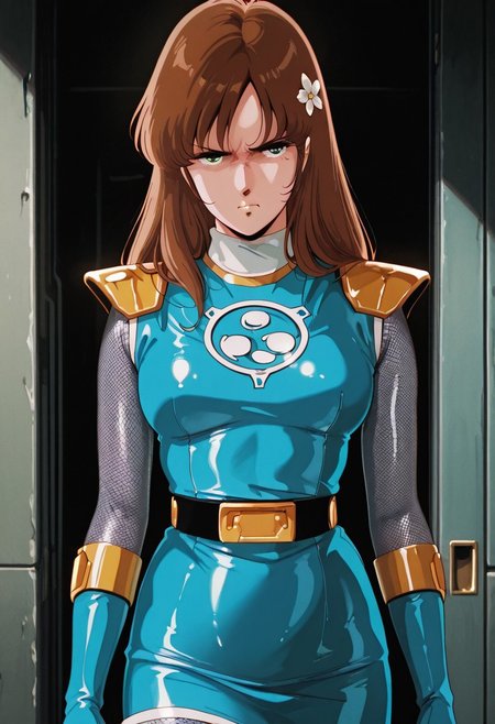 masterpiece,best quality,amazing quality, absurdres, <lora:hayase_misa_the_super_dimension_fortress_macross_ilxl_goofy:1>  hayase misa, 1980s \(style\), 1girl, breasts, green eyes, hair flower, hair ornament, long hair, medium breasts,  angry,solo,sentaikageblue, shiny clothes, spandex, silver bodysuit, fishnet bodysuit, bodysuit under clothes, aqua dress, shoulder pads, aqua skirt, black belt, aqua gloves,midriff