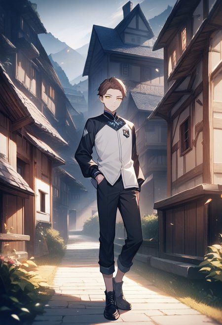 (best quality, masterpiece), 1 boy,18 years old, medieval village, dark mood, Arrogant,
brown hair, short hair, no bangs,  white color student uniform, full body,
 , looking at viewer, Unobtrusive golden eyes, Dull golden eyes,