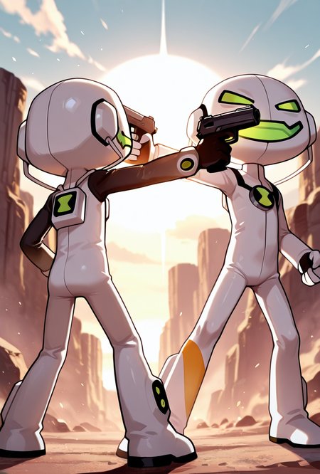 <lora:echoecho-10:1> echoecho, male focus, , no humans, white bodysuit, green eyes, green mouth, smile,   <lora:mexican_standoff_il_2_d16:1> mexican standoff, holding gun, 2characters, masterpiece, best quality, amazing quality, very aesthetic, absurdres, newest,