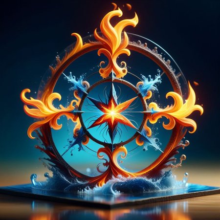 Harmonious fusion of elements, earth air fire earth and ether combined in a pentagonal shape in seamless integration, earth grounding and stable, water flowing and fluid, air swirling and free, fire vibrant and warm, united in perfect balance, elements intertwining gracefully, serene and dynamic, vibrant flames, coexistence of contrasts, nature's optimal quality, synergy of forces, essence of unity, balanced natural forces, peaceful coexistence, elemental harmony, timeless and eternal, highly detailed, masterpiece, 32k, UHD quality, pentangle.