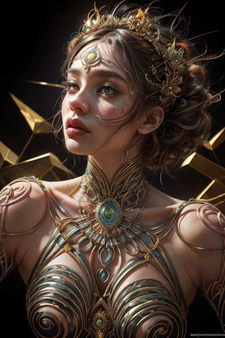 (((1girl))),(geometric abstract background:1.4), esoteric,  depth of field (zentangle, mandala, tangle, entangle) (photorealistic:1.4), official art, unity 8k wallpaper, ultra detailed, beautiful and aesthetic, masterpiece,best quality, (dynamic angle:1.4), glowing skin, (floating colorful sparkles:1) the most beautiful form of chaos, elegant, a brutalist designed, vivid colours, romanticism,back to camera,