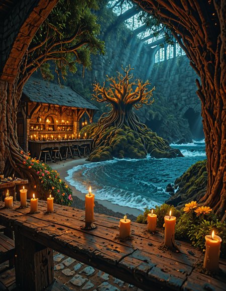 <lora:MW_Tavern01ill:1> mwt01, medieval tavern, outdoors, medieval, candles lights, skylight, lots of sun shades, huge roots, colorful flowers, moss, T10, waves, rocks, tree, vegetation, moss, sea, sunset, blue, orange, yellow, brown, T1, white, dark blue, fantasy, sunset, blue sky, bokeh, sunlight, gold tree, T7, scenery, beach, shore,
