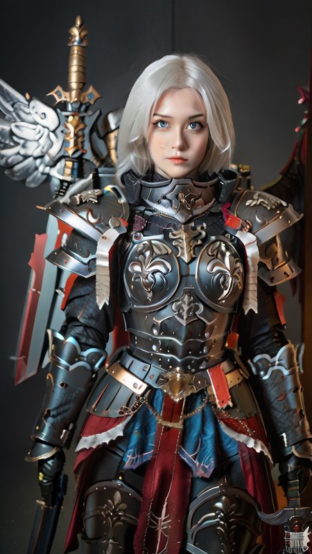 score_9,score_8_up,score_7_up,1girl,armor,weapon,wings,solo,shoulder armor,blue eyes,pauldrons,white hair,looking at viewer,power armor,<lora:Pony_å¢å ç»èçloar:1>,<lora:Ponyå¢å ç»èï¼æµè¯çï¼ä¸è¦è¶è¿1.5:1>,<lora:pony-40kä¿®å¥³çç²:1>,