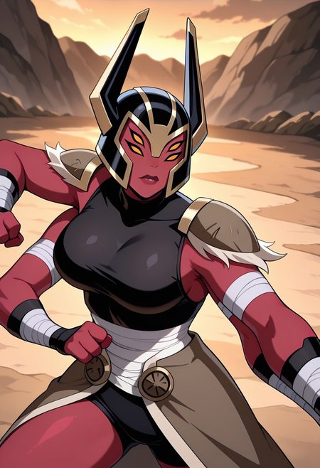 ((screencap, cartoon)) , masterpiece, best quality, amazing quality, very aesthetic, absurdres, newest,
looma,  red skin, solo, , yellow sclera,, breasts, extra eyes, , extra arm
helmet,armor, horns, bandages, black sleeveless shirt, turtle neck, , shoulder armor, bandaged arm, fighting pose,
