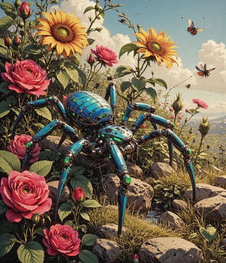 A breathtaking and hauntingly beautiful **cybernetic spider**, its **bright, matte cobalt blue body richly saturated and velvety in texture**, moves gracefully through a dense bed of blooming flowers, dominated by **blood-red roses, golden sunflowers, and sprawling emerald-green foliage.** Unlike a synthetic machine, the spider’s **surface is completely matte, absorbing sunlight rather than reflecting it**, making its **color appear even deeper and more vibrant in the daylight.**  

Intricate **neon green markings** cover its legs and abdomen in bold, natural streaks—**sharp, vivid, and eye-catching, yet without any artificial glow.** The markings resemble **evolved camouflage or organic patterns**, adding an almost mystical quality to the creature, as though it belongs to an undiscovered species thriving in this floral paradise.  

The **spider’s eight deep-green eyes**, non-reflective but rich with color, move carefully as it observes the world around it. Each movement of its **long, gracefully curved legs** is precise and effortless, pressing gently against the delicate petals beneath it. Its presence is both **striking and strangely serene**, blending seamlessly with its vibrant surroundings.  

The **background is bathed in brilliant daylight, with a clear blue sky stretching infinitely overhead.** Soft, **fluffy white clouds drift lazily across the horizon**, casting occasional dappled shadows over the landscape. The golden sunlight pours down, illuminating the **lush green leaves and the velvety petals of the surrounding flowers, enhancing their deep, natural hues.** The warm, fresh air is thick with the **scent of blooming roses and wildflowers, carried by a soft, occasional breeze.**  

The flowers around the spider are **wild and abundant**, their petals unfolding in rich, vibrant shades of **scarlet, yellow, and violet.** **Bees and butterflies flit between the blossoms, their wings catching the sunlight in dazzling patterns.** Some flowers seem **larger than life**, as if nourished by something more potent than nature alone, their petals spreading open like delicate silk against the wind.  

Suspended between the thorned stems are **intricately woven spiderwebs, glistening faintly in the sunlight.** Unlike artificial or synthetic strands, these webs are **completely organic, thick but symmetrical, spun with masterful precision.** The spider moves methodically, **adjusting the strands with careful efficiency, as if it is not just weaving a trap but crafting an intricate, hidden masterpiece.**  

The **sun shines warmly**, casting soft, **golden highlights across the spider’s cobalt blue body, making its neon green markings stand out even more vividly.** The **light filters through the petals, creating a glowing tapestry of natural color**, painting the world in a **brilliant blend of warmth and beauty.** The contrast between the **intense matte blue of the spider and the sun-drenched landscape** is both **stunning and surreal, a rare and extraordinary sight beneath the endless sky.**  

Rendered in **hyperrealistic digital art**, every **texture, surface, and color is captured in breathtaking detail**, emphasizing the contrast between the **spider’s bold, otherworldly coloration and the lush vibrance of its natural surroundings.** The absence of artificial lighting or exaggerated effects ensures the scene feels **realistic yet mesmerizing, as though this creature truly exists in a world where the extraordinary blends seamlessly with the ordinary.**  

A perfect fusion of **natural wonder and surreal beauty**, where **a creature both vibrant and haunting moves silently through a world of vivid sunlight and endless bloom**, beneath the warm embrace of the **daylit sky.**  


Art in the style of Yomu_Yakadashi, black widow, G0thicL1nes, bontanica, modernretroanime, cybernetic-spider, dreamscape7X, Jedcyb3r, Jedspl4tt,