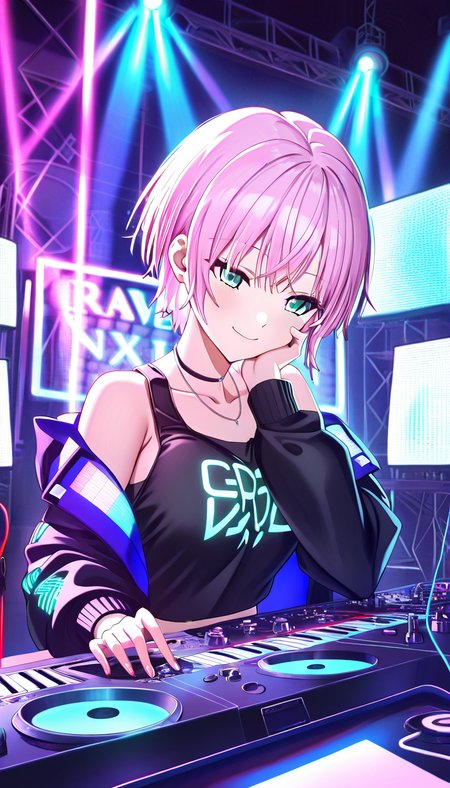 masterpiece, best quality, very aesthetic, absurdres,
solo, 1girl,

nijiriri, blue eyes, green eyes, pink hair, short hair,

smirk,

tank top, long sleeves,

in night club, rave, music, colorful lights, playing a cdj panel and turning knobs in a mixer, turntables, laser lights, neon,
