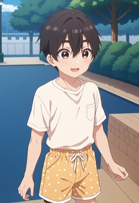 score_9, score_8up, 1boy, solo, smiling, outside, park, clapping, rentarou_aijou, black hair, brown eyes, short hair, hair between eyes, bangs, fishnet shirt, yellow shorts, polka dot shorts, dic style, vintage, cartoon