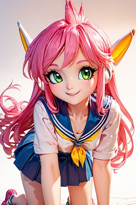 score_9, score_8_up, score_8, medium breasts, (curvy), cute, eyelashes,       BREAK, , zzNukuNuku, green eyes, pink hair, long hair, robot ears, school uniform, serafuku, blue skirt, white shirt, <lora:NukuNuku_PDXL:1.0>, , BREAK, all fours, cleavage, smile, looking at viewer,  embedding:zPDXL, Expressiveh, <lora:BeautifulCAT_PDXL:1.0>,  <lora:SDXLFaeTastic2400:0.5>,  <lora:Expressive_H-000001:0.4>,