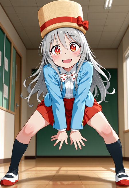 umami-chan, long hair, grey hair, red eyes, hat,
white bowtie, polka dot, blue jacket, jacket, mary janes, long sleeves, red skirt, pleated skirt, black kneehighs, white footwear, uwabaki,
 <lora:umami-chan_Illustrious-XL-2.0_v1:1>, masterpiece,best quality,amazing quality, solo,1girl,, standing, (dynamic pose) , blush,open mouth,light smile, 
looking at viewer,(upper body, close-up),cowboy shot, upper body, 
(indoors, )