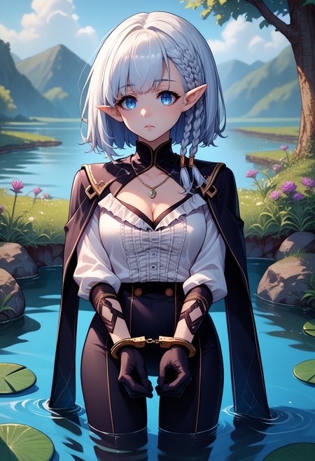 score_9, score_8_up, score_7_up, source_anime,  <lora:HandcuffsV2-000009:1>, 1girl solo, handcuffs, cuffs,   <lora:beta-pdxl-nvwls-v1:1>, beta, white hair, braid, pointy ears, black cape, black bodysuit, black leggings, gloves, necklace, white shirt, long sleeves, frills, black skirt, cleavage, outdoor, pond, from behind