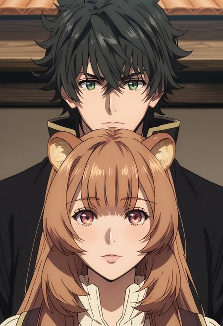 score_9, score_8_up, score_7_up, source_anime, rating_safe, NaofumiSH, black_Naofumi_hair, green_Naofumi_eyes, raphtalia, couple focus, 1boy, 1girl, anime screencap